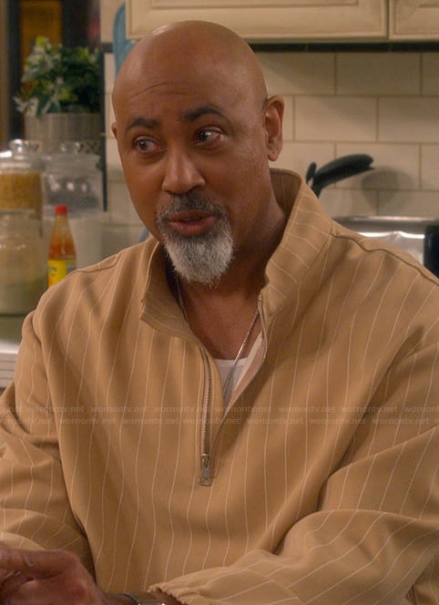 Frank’s khaki pinstripe jacket and pants on The Upshaws