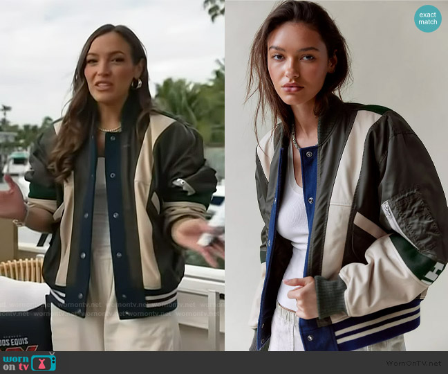 Free People We The Free Triple Kick Novelty Bomber Jacket worn by Emily Orozco on Access Hollywood