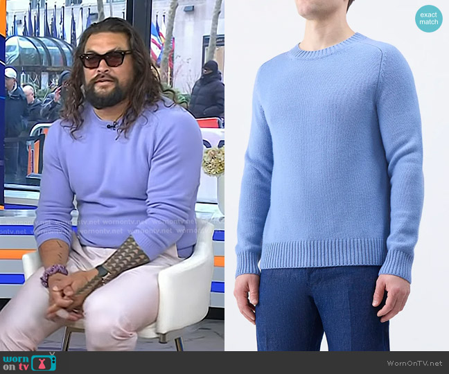 Gabriela Hearst Francesco Knit Sweater in Light Blue Denim Cashmere worn by Jason Momoa on Today