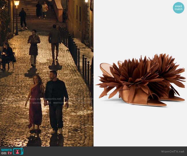 Gianvito Rossi Daniah 85 appliqué crêpe satin mules worn by Sylvie (Philippine Leroy-Beaulieu) on Emily in Paris