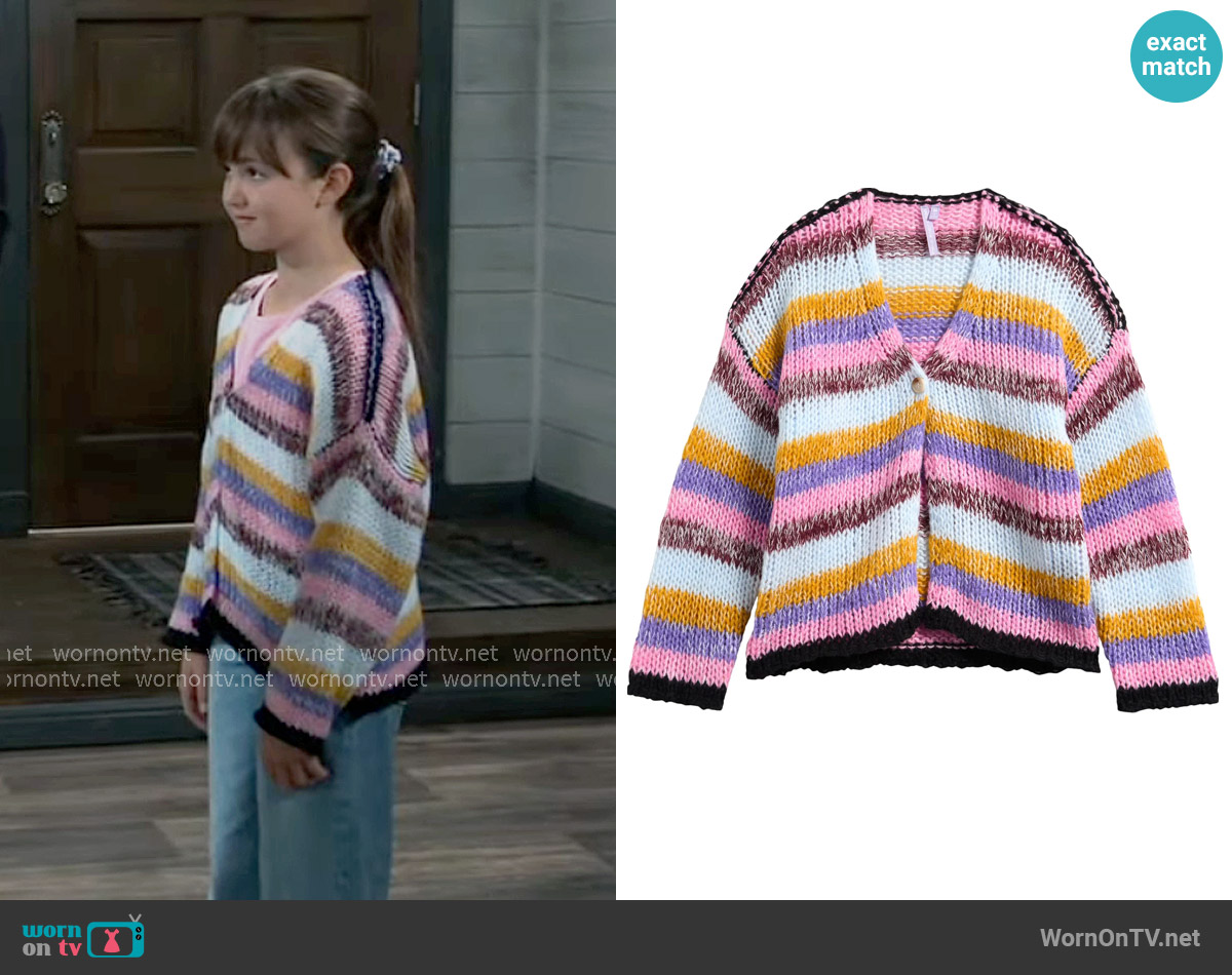 Good Luck Girl Stripe Open Stitch Cardigan worn by Scout Quartermaine (Cosette Abinante) on General Hospital