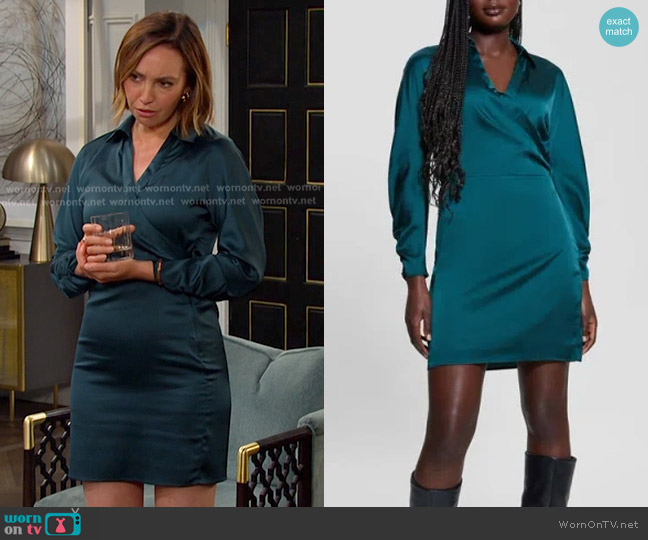 Guess Tanya Collared Long-Sleeve Dress in Dark Jade worn by Gwen Rizczech (Emily O'Brien) on Days of our Lives