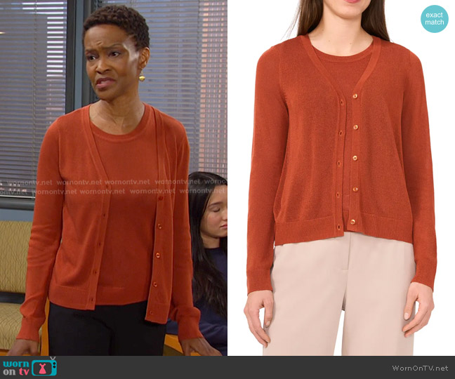 Halogen V-Neck Cardigan in Baked Clay worn by Dr. Gregory (Kim Hawthorne) on Days of our Lives
