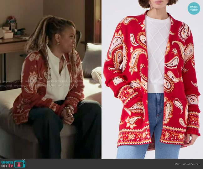 Hayley Menzies Jude Jacquard Cardigan in Jimi Red worn by Karen Wilson (Tracie Thoms) on 9-1-1
