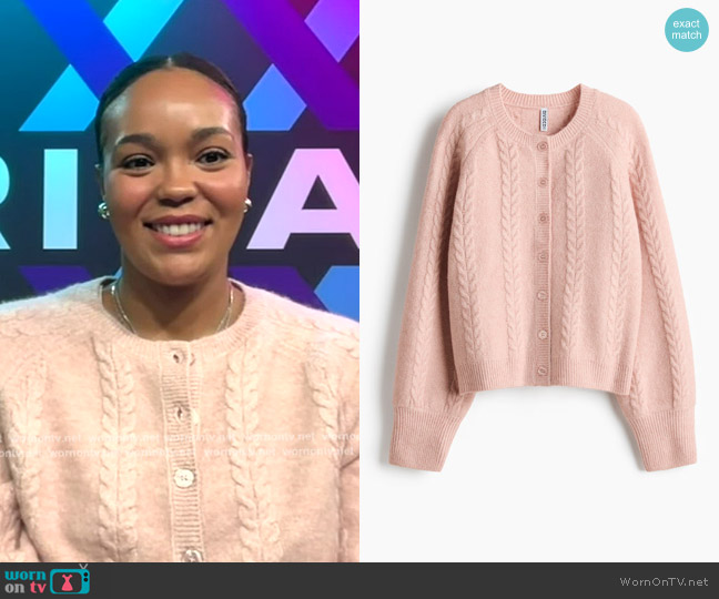 H&M Cable-Knit Cardigan in Light coral pink worn by Napheesa Collier on Good Morning America