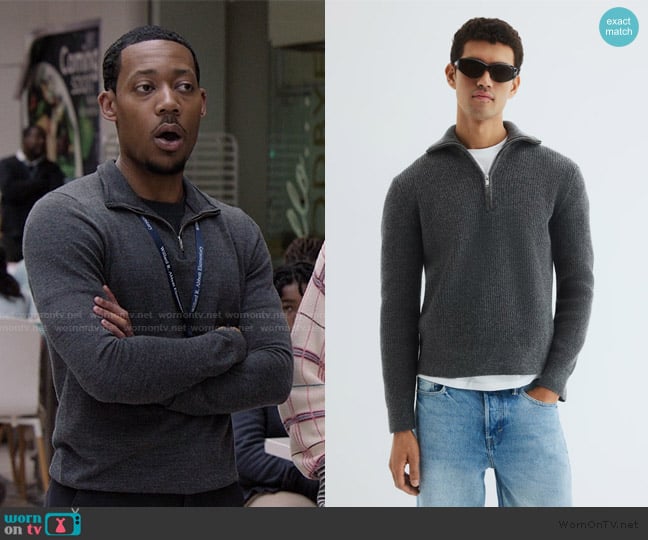 H&M Regular-Fit Half-Zip Sweater worn by Gregory Eddie (Tyler James Williams) on Abbott Elementary
