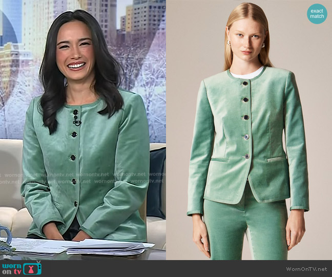 J. Crew Cora Lady Velvet Jacket in Stormy Jade worn by Emilie Ikeda on Today
