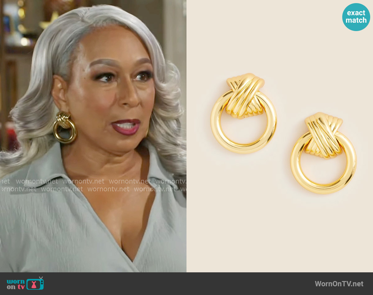 J. Crew Crisscross door knocker earrings worn by Anita Dupree (Tamara Tunie) on Beyond the Gates