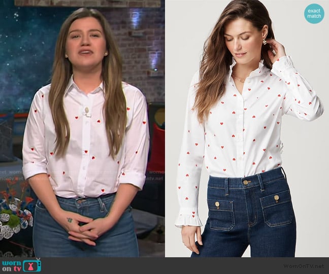 J. Crew Printed ruffle button-up shirt worn by Kelly Clarkson on The Kelly Clarkson Show