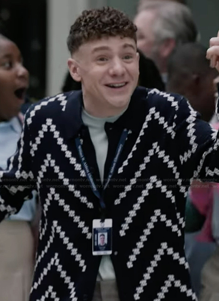 Jacob’s navy stripe knit cardigan on Abbott Elementary