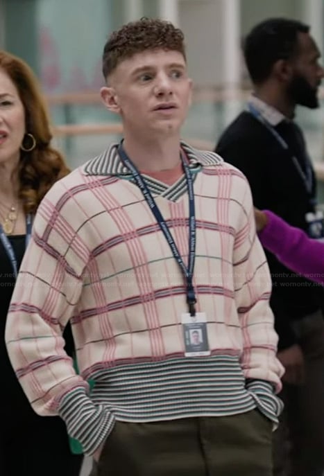 Jacob’s pink plaid sweater on Abbott Elementary