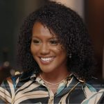 Janai’s navy floral button down blouse on Good Morning America