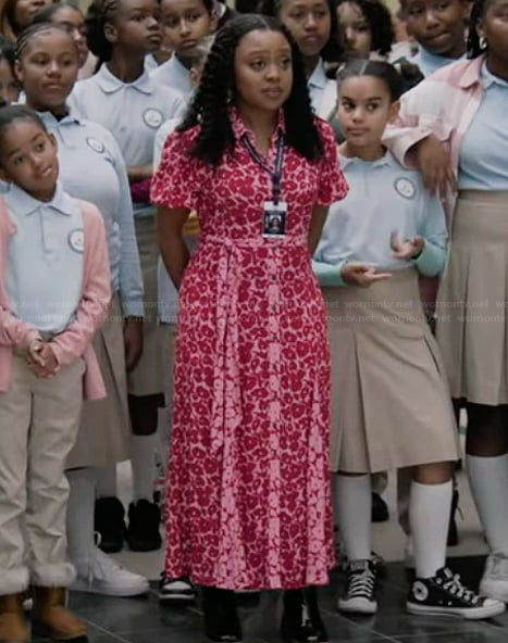 Janine’s pink floral print shirtdress on Abbott Elementary