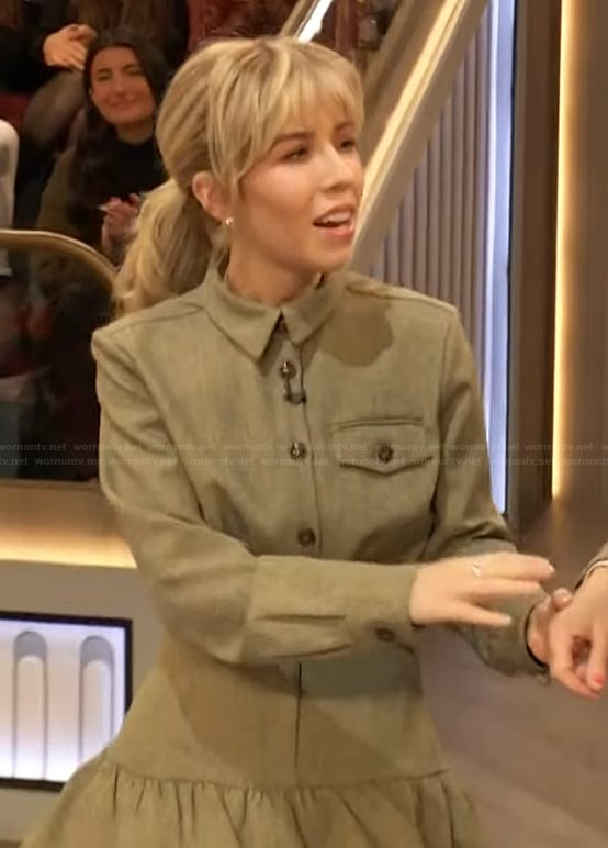 Jennette McCurdy’s green button down shirt and mini skirt on The Drew Barrymore Show