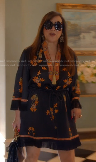 Jennifer’s black floral embroidered mini dress on The Real Housewives of Beverly Hills