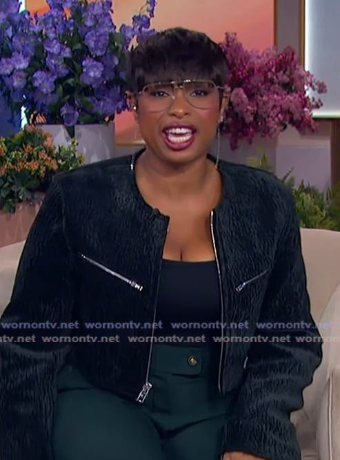 Jennifer's black zip front jacket on The Jennifer Hudson Show