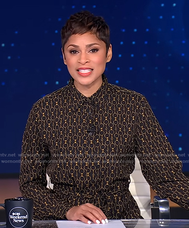 Jericka’s black chain print shirtdress on CBS Evening News