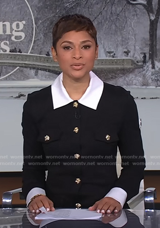 Jericka’s black collared button front dress on CBS Evening News