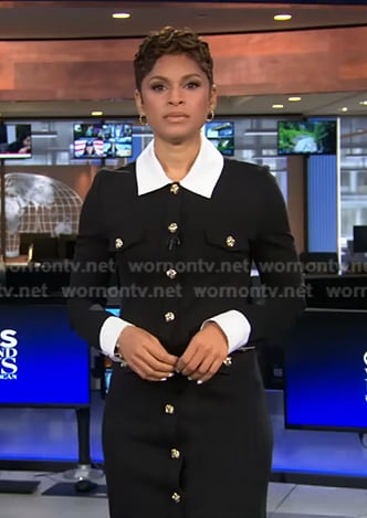 Jericka’s black collared button front dress on CBS Evening News