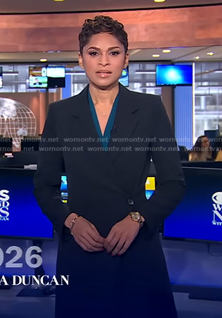 Jericka’s black pleated blazer dress on CBS Evening News