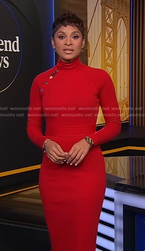 Jericka’s red button detail dress on CBS Evening News