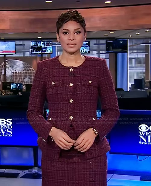 Jericka’s red tweed jacket and mini skirt on CBS Evening News