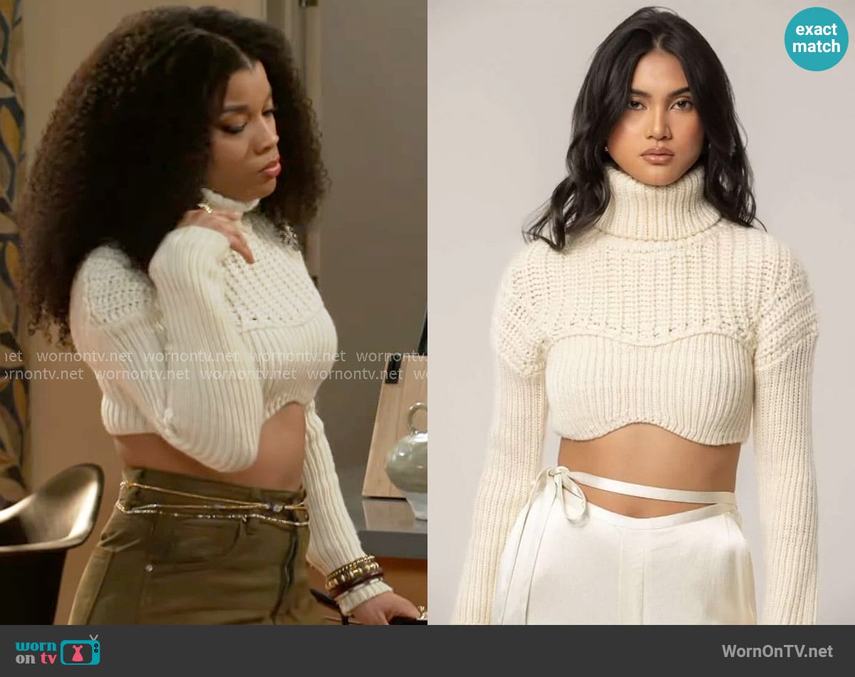 JLuxLabel Ivory Turtleneck Ribbed Crop Top worn by Eva Thomas (Ambyr Michelle) on Beyond the Gates