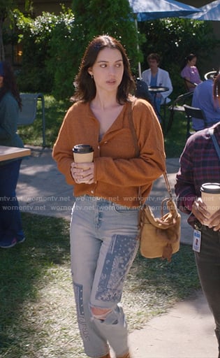 Jules’s orange cardigan and bandana patch jeans on Greys Anatomy