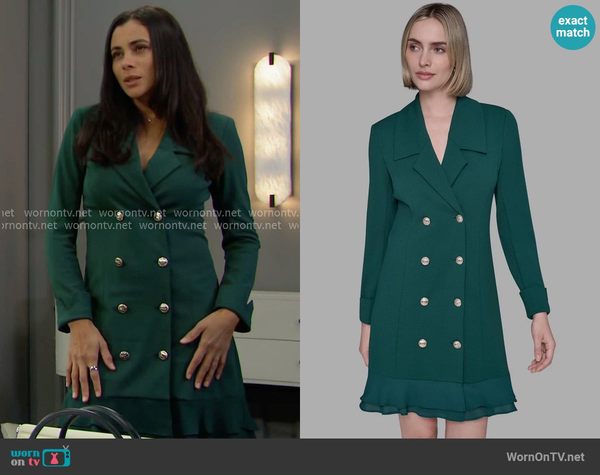 Karl Lagerfeld Double Breasted Blazer Dress in Pine worn by Daphne Rose (Murielle Hilaire) on The Bold and the Beautiful