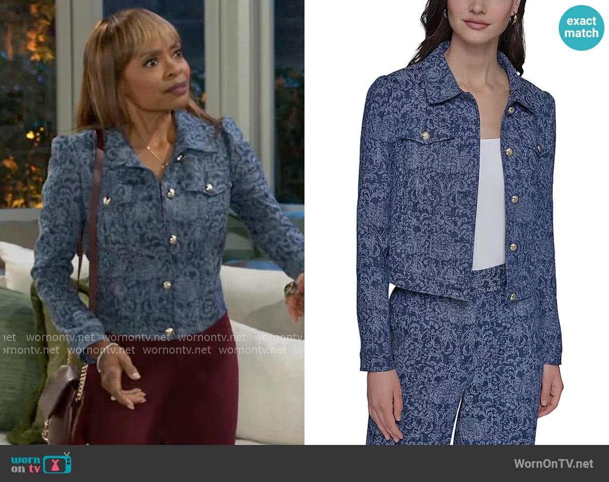 Karl Lagerfeld Paris Cropped Motif Jean Jacket worn by Tracy (Maria Howell) on Beyond the Gates