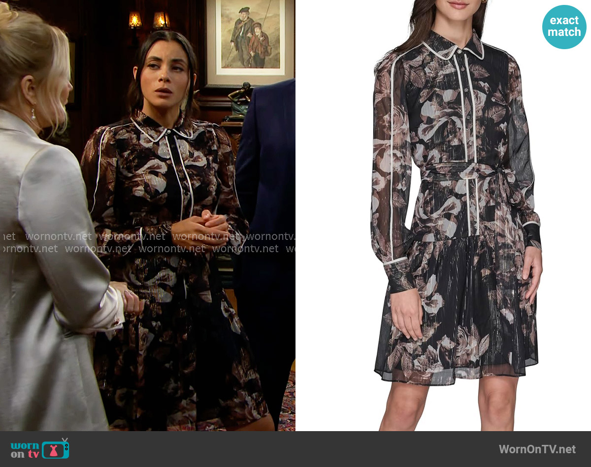 Karl Lagerfeld Paris Printed Crinkle Chiffon Collared Shirt Dress worn by Daphne Rose (Murielle Hilaire) on The Bold and the Beautiful