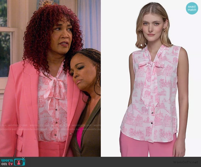 Karl Lagerfeld Paris Printed Tie-Neck Blouse worn by Althea Turner (Kym Whitley) on The Upshaws