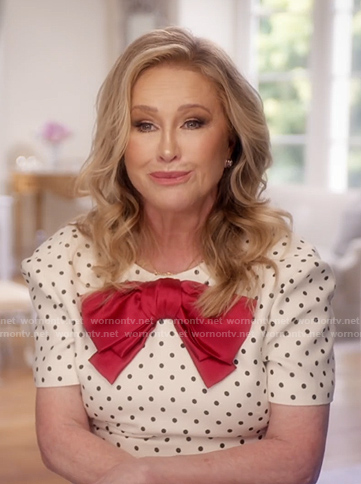 Kathy’s white polka dot confessional dress on The Real Housewives of Beverly Hills