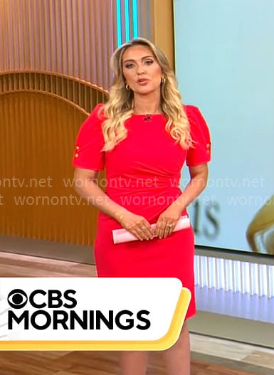 Kelly O’Grady’s red puff-sleeve dress on CBS Mornings