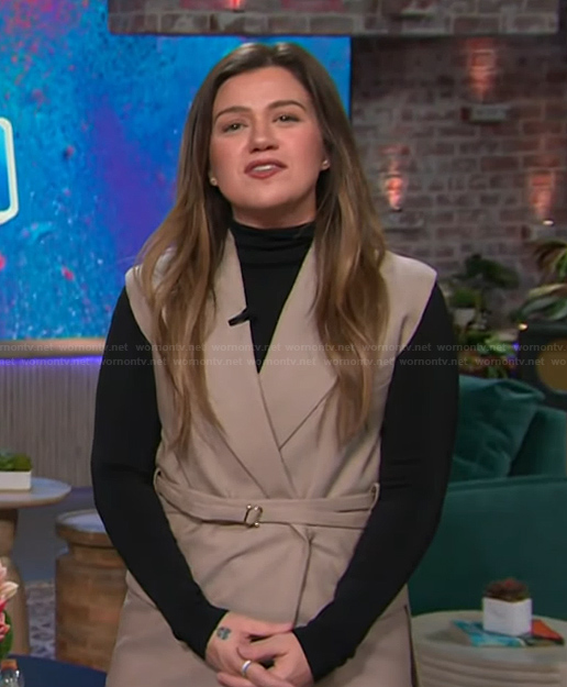 Kelly’s beige belted waistcoat on The Kelly Clarkson Show