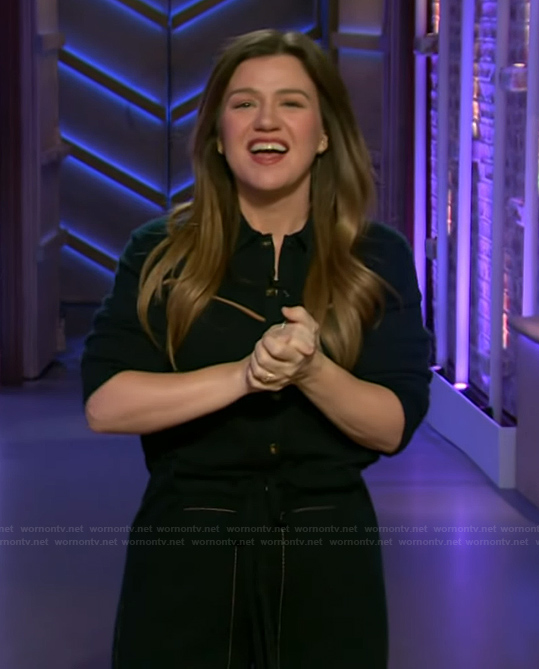 Kelly’s navy cashmere knit jumpsuit on The Kelly Clarkson Show