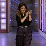 Kelly’s striped belted pants on The Kelly Clarkson Show