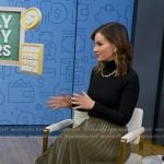 Rebecca’s khaki pleated leather skirt on Good Morning America