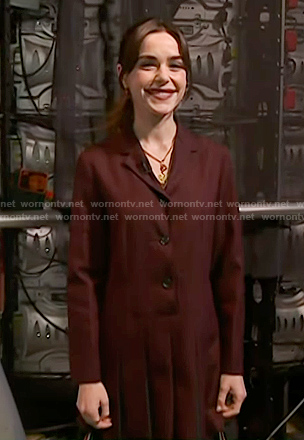 Kiernan Shipka’s burgundy plaid pleated blazer dress on Today