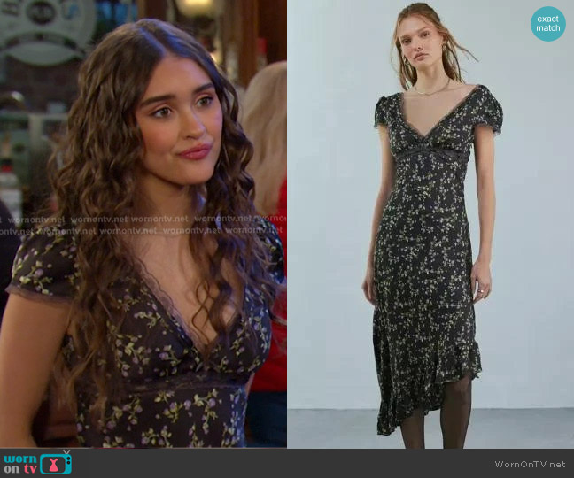 Kimchi Blue Cora Lace Trim Asymmetrical Midi Dress worn by Arianna Horton (Marissa Reyes) on Days of our Lives
