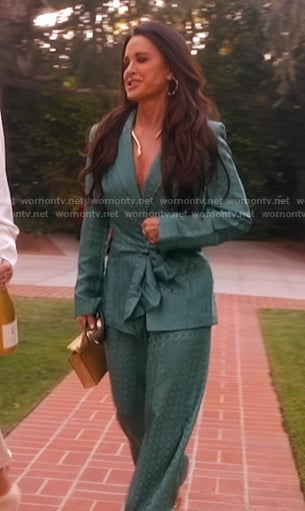 Kyle’s green satin tie front blazer and pants on The Real Housewives of Beverly Hills
