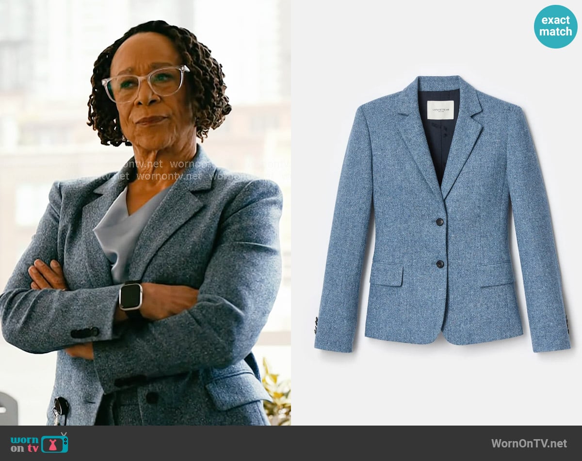 Lafayette 148 New York Donegal Tweed Button Fitted Blazer in Bluebell Multi worn by Sharon Goodwin (S. Epatha Merkerson) on Chicago Med