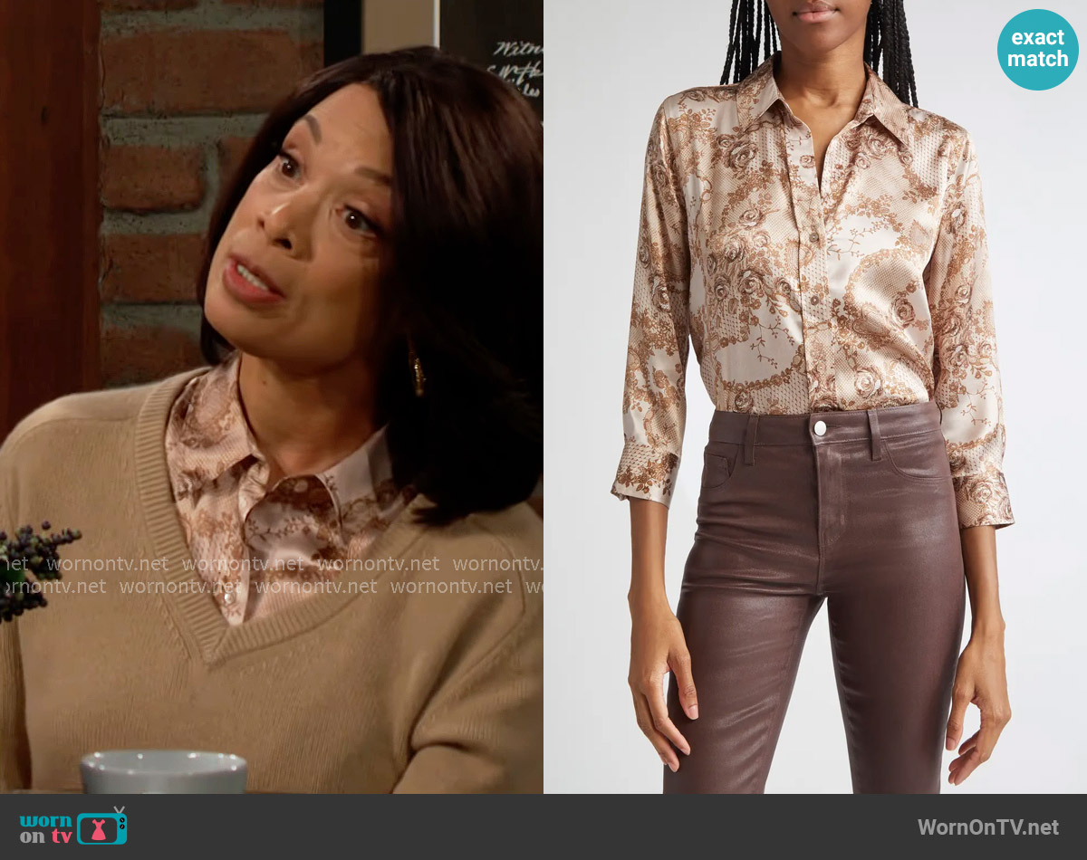 L'Agence Dani Blouse in Toasted Almond Lace Print worn by Amy Lewis (Valarie Pettiford) on The Young and the Restless