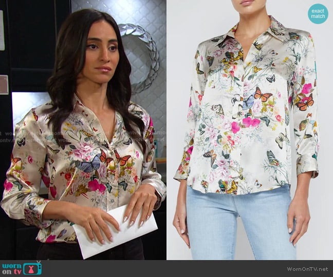 L'Agence Dani Butterfly Print Silk Button-Up Shirt worn by Gabi Hernandez (Cherie Jimenez) on Days of our Lives