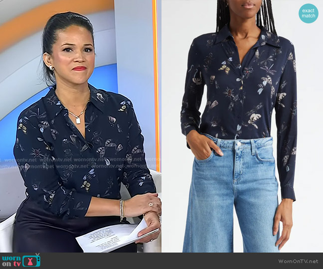 L'Agence Holly Butterfly Print Button-Up Shirt in Midnight Multi Beetles worn by Laura Jarrett on Today