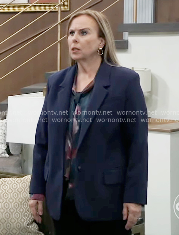 Laura’s floral tie-neck blouse and navy blazer on General Hospital