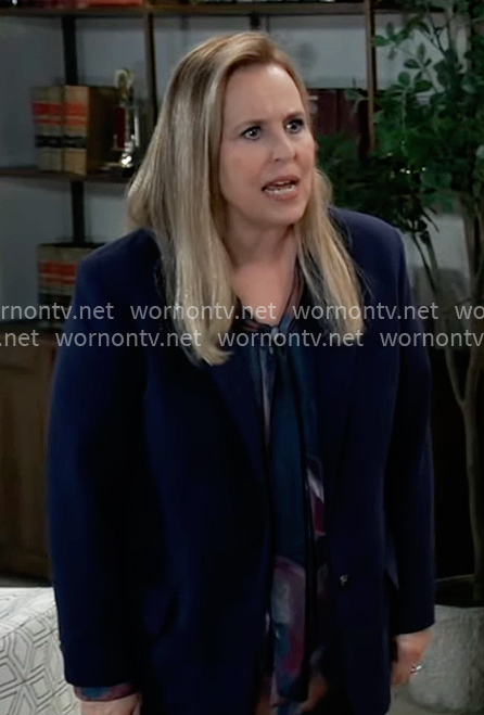 Laura’s floral tie-neck blouse and navy blazer on General Hospital