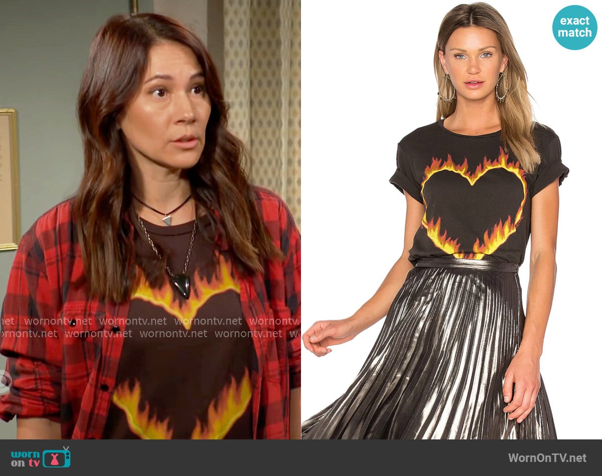 Lauren Moshi Croft Fire Heart Tee worn by Annie Stewart (Catherine Kresge) on The Young and the Restless