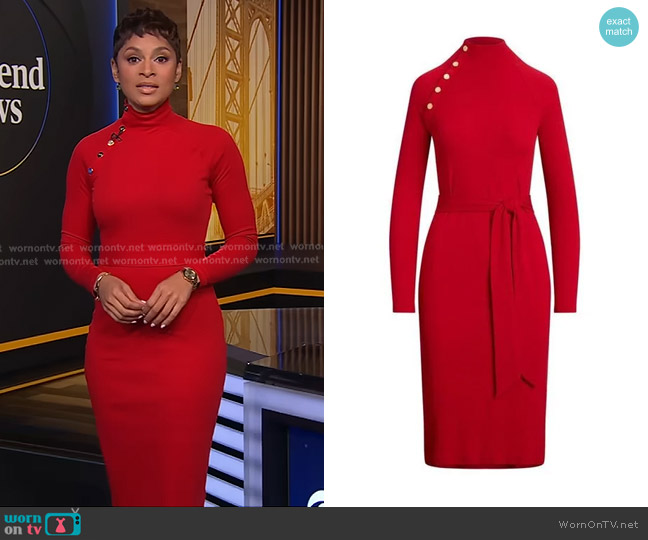 Lauren Ralph Lauren Button Trim Dress in Ralph Red worn by Jericka Duncan on CBS Evening News