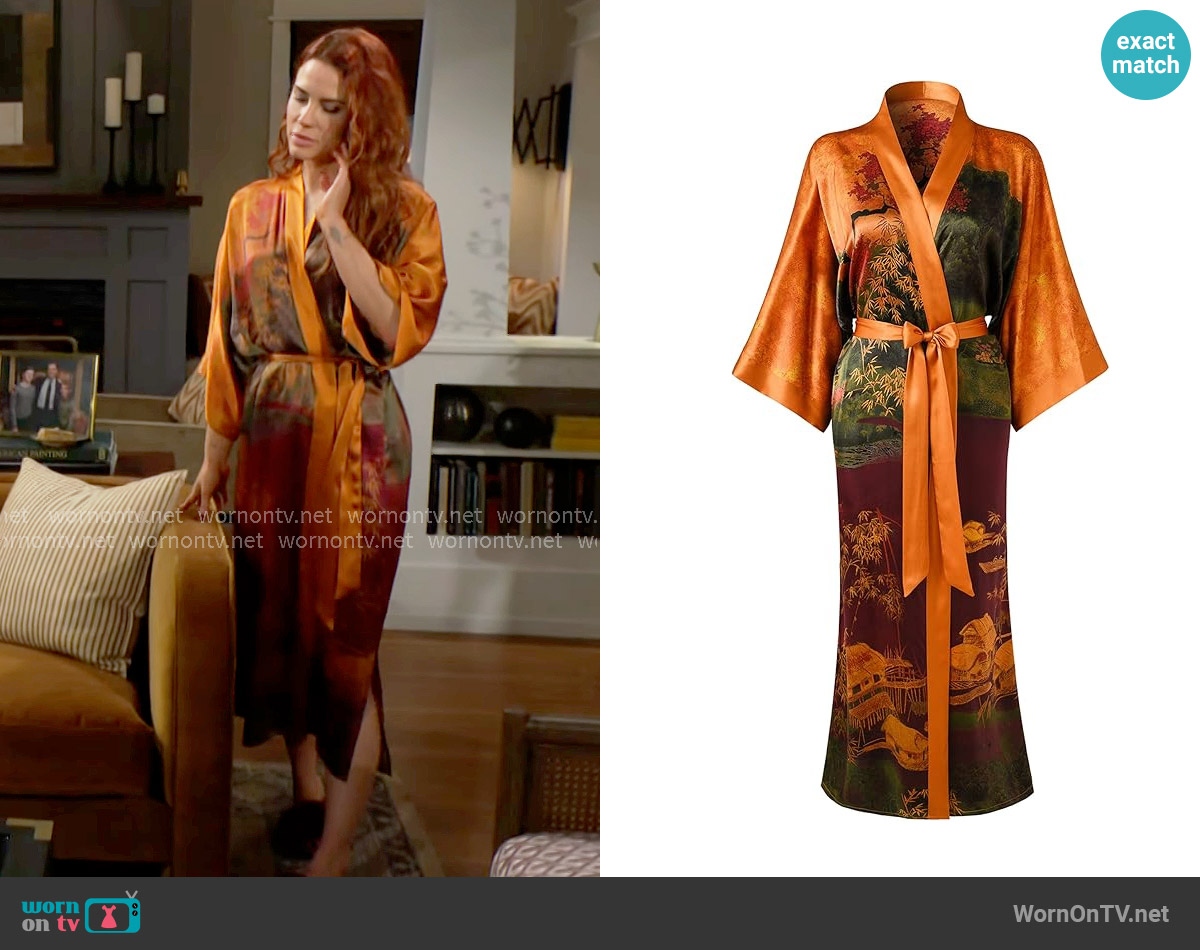 Ledamon 100% Silk Kimono Long Robe in Landscape Golden worn by Sally Spectra (Courtney Hope) on The Young and the Restless